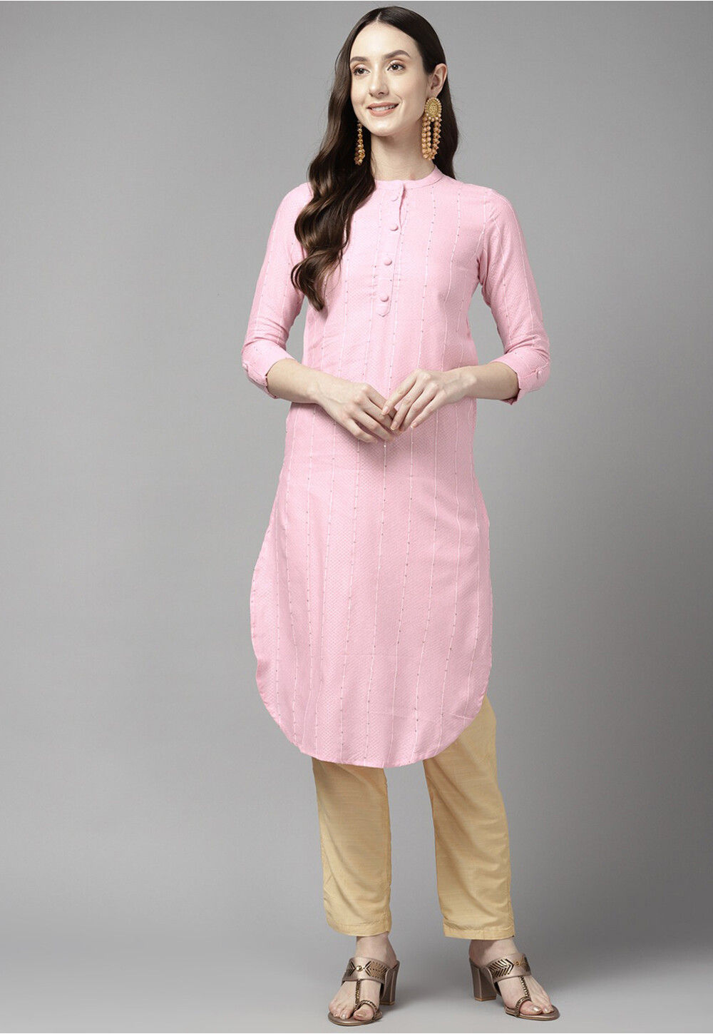 Women Light Rose Straight Cotton Kurta