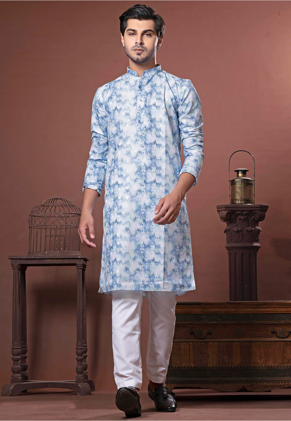 Sky Blue Woven Cotton Kurta Set main image 0