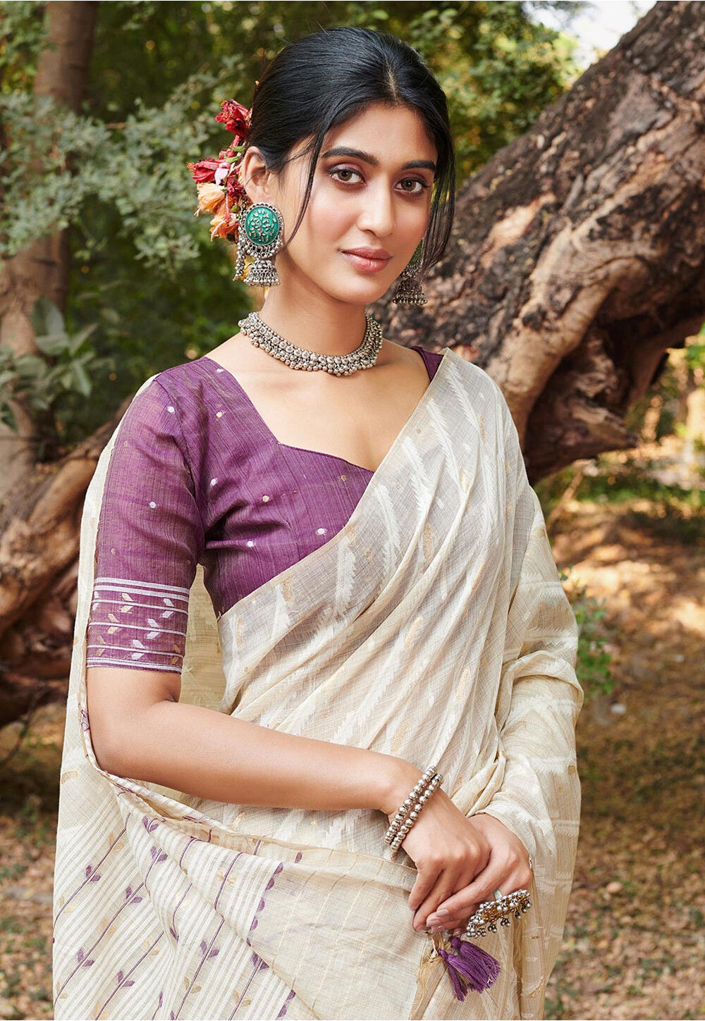 White Woven Cotton Saree main image 0