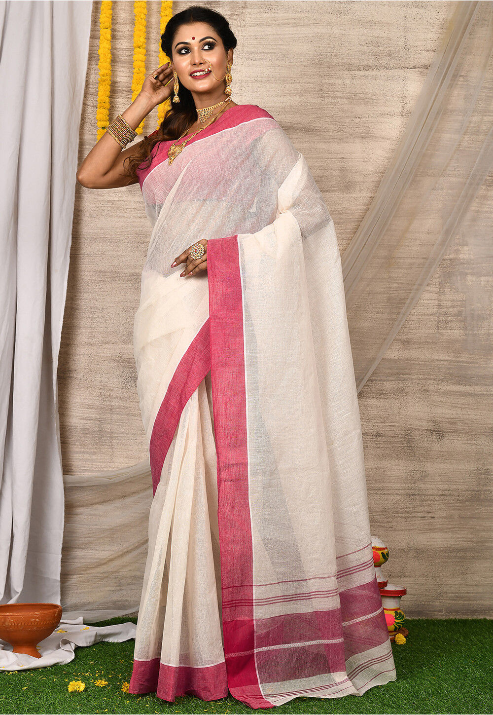 White Woven Cotton Saree main image 1