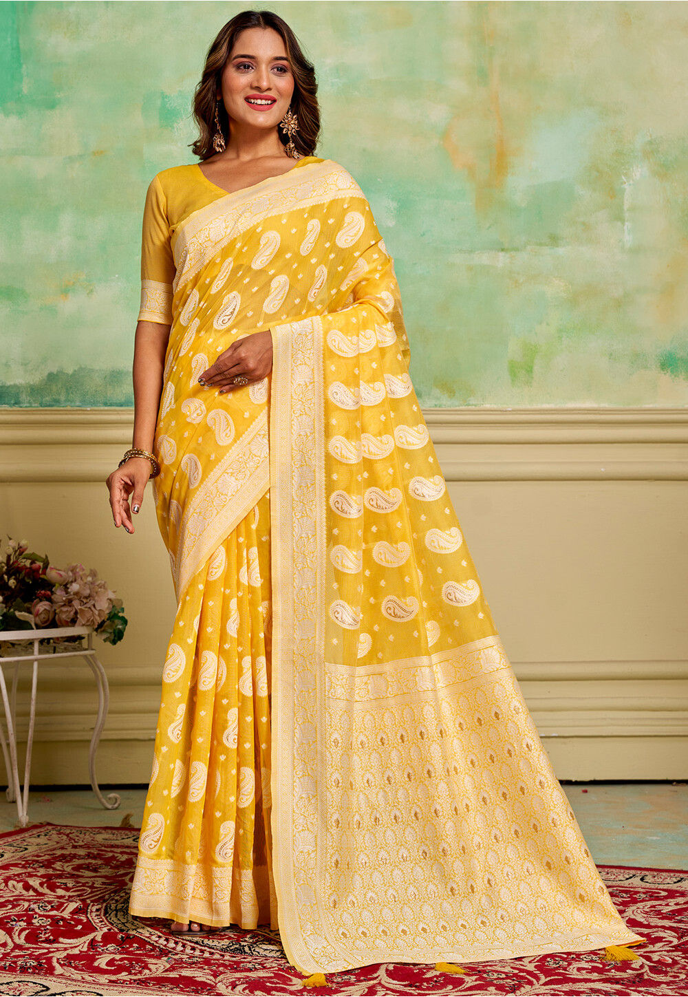Handwoven Cotton Saree - Cream + Energy Yellow