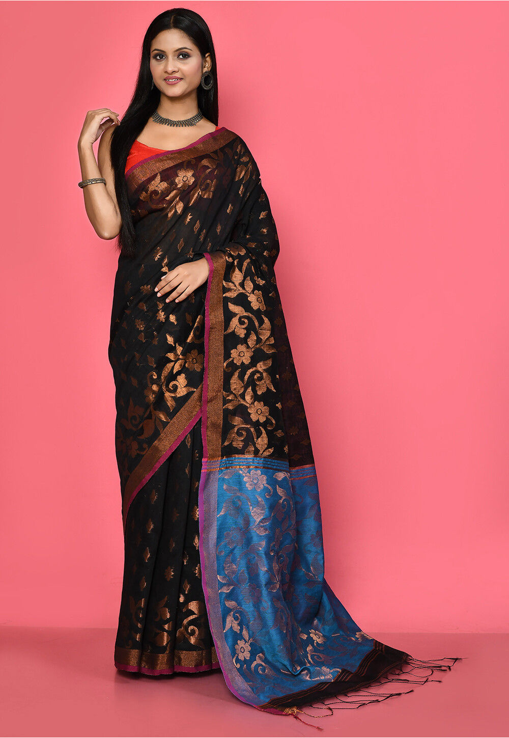 Black Bengal Handwoven Muslin Saree
