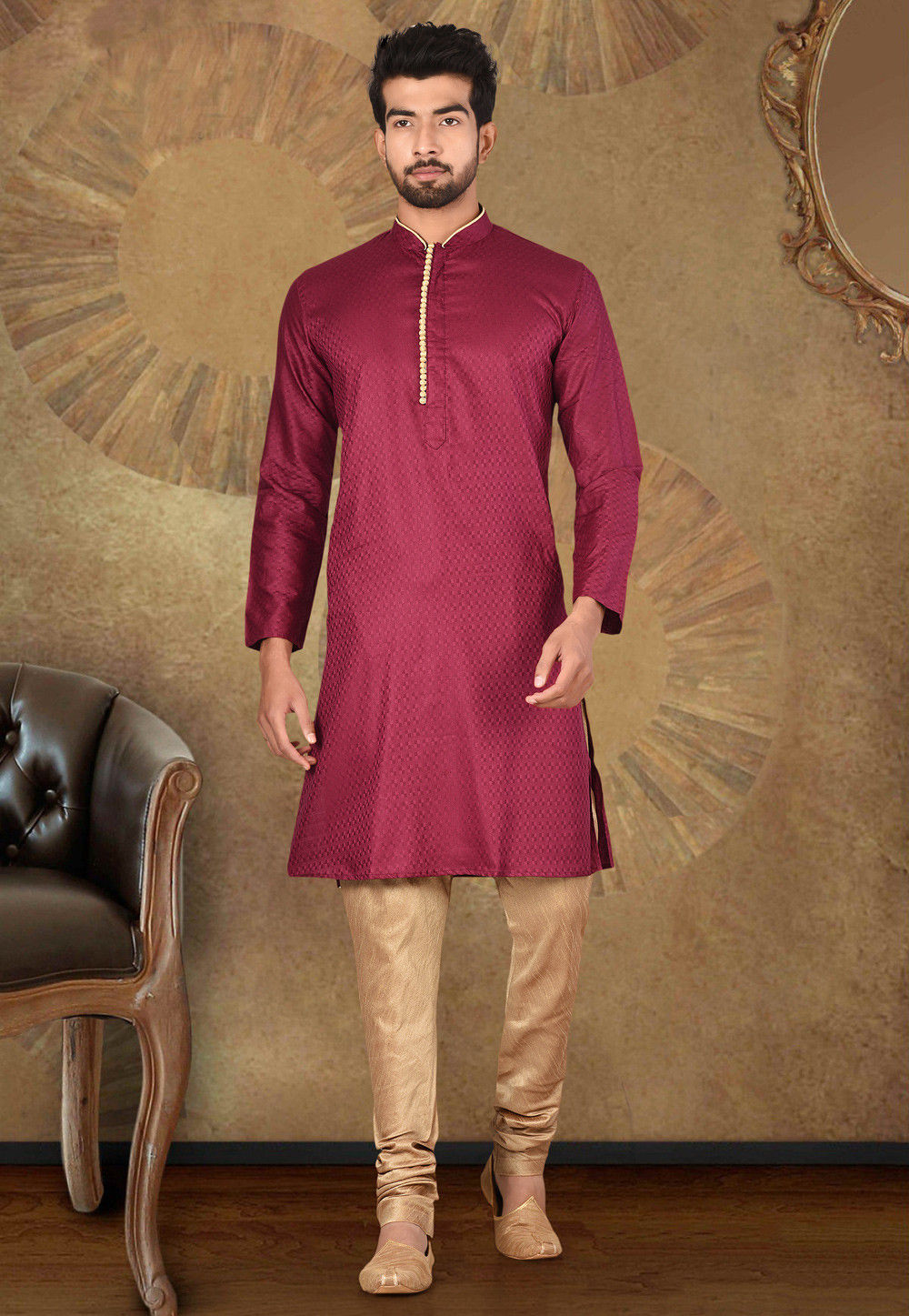 Maroon - Pintuck Straight Cotton Jacquard Kurta 15 main image 1