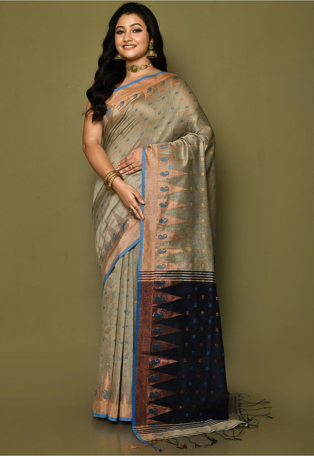 Beige Colour Position Print Woven Silk Saree