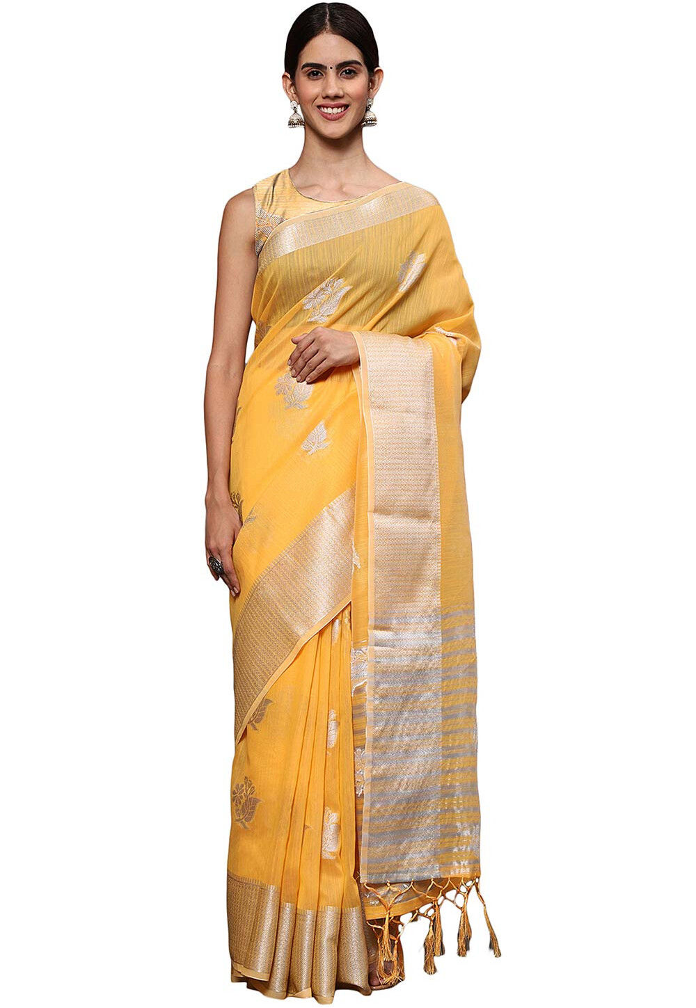 Mustard Position Print Woven Silk Saree