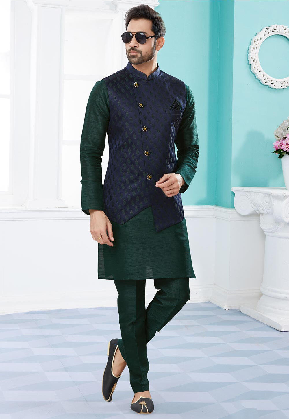 Dark green kurta with waistcoat on sale