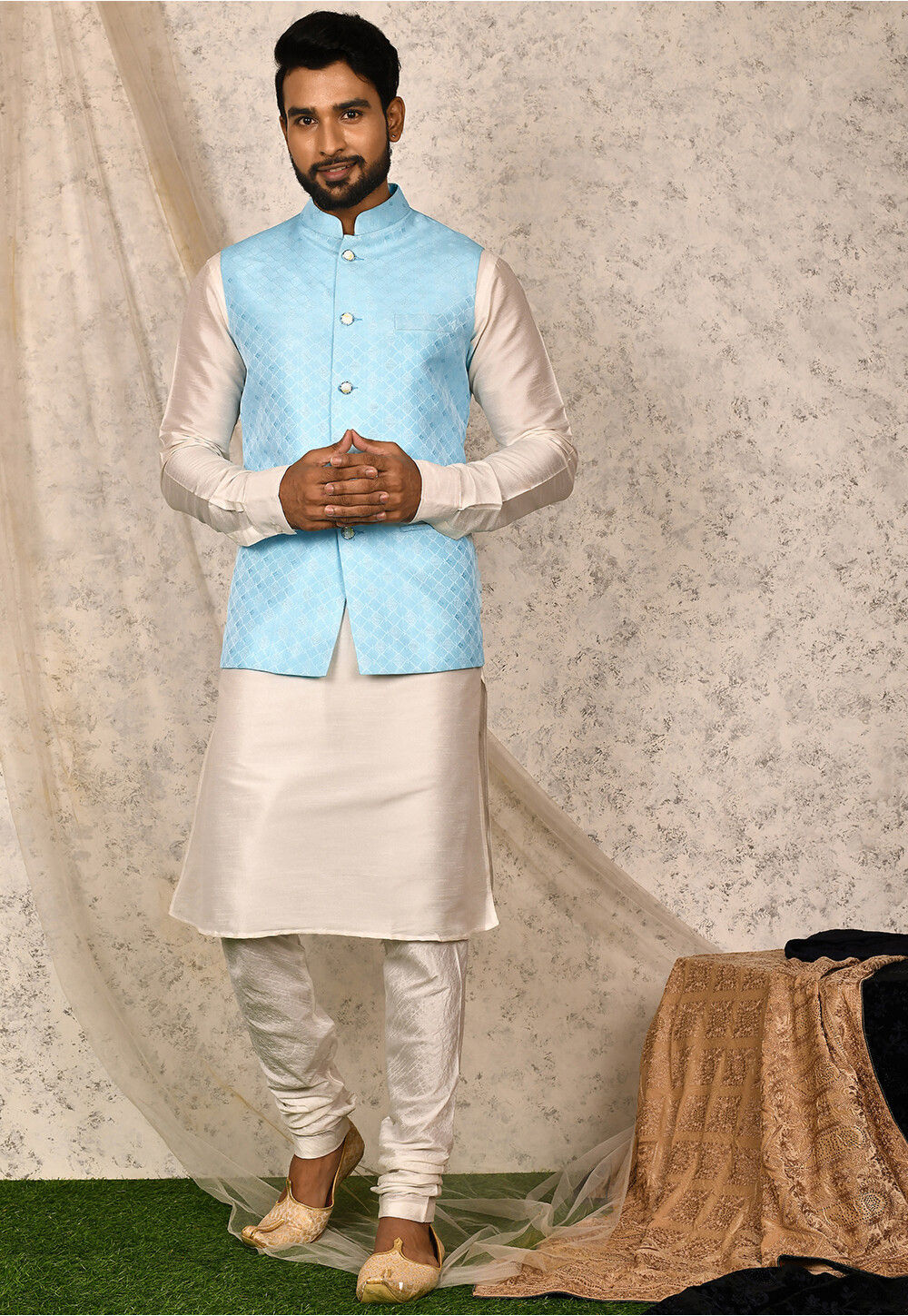 Teal Green Kurta Set With Embroidered Nehru Jacket Design by HOUSE OF KOA  at Pernia's Pop Up Shop 2024