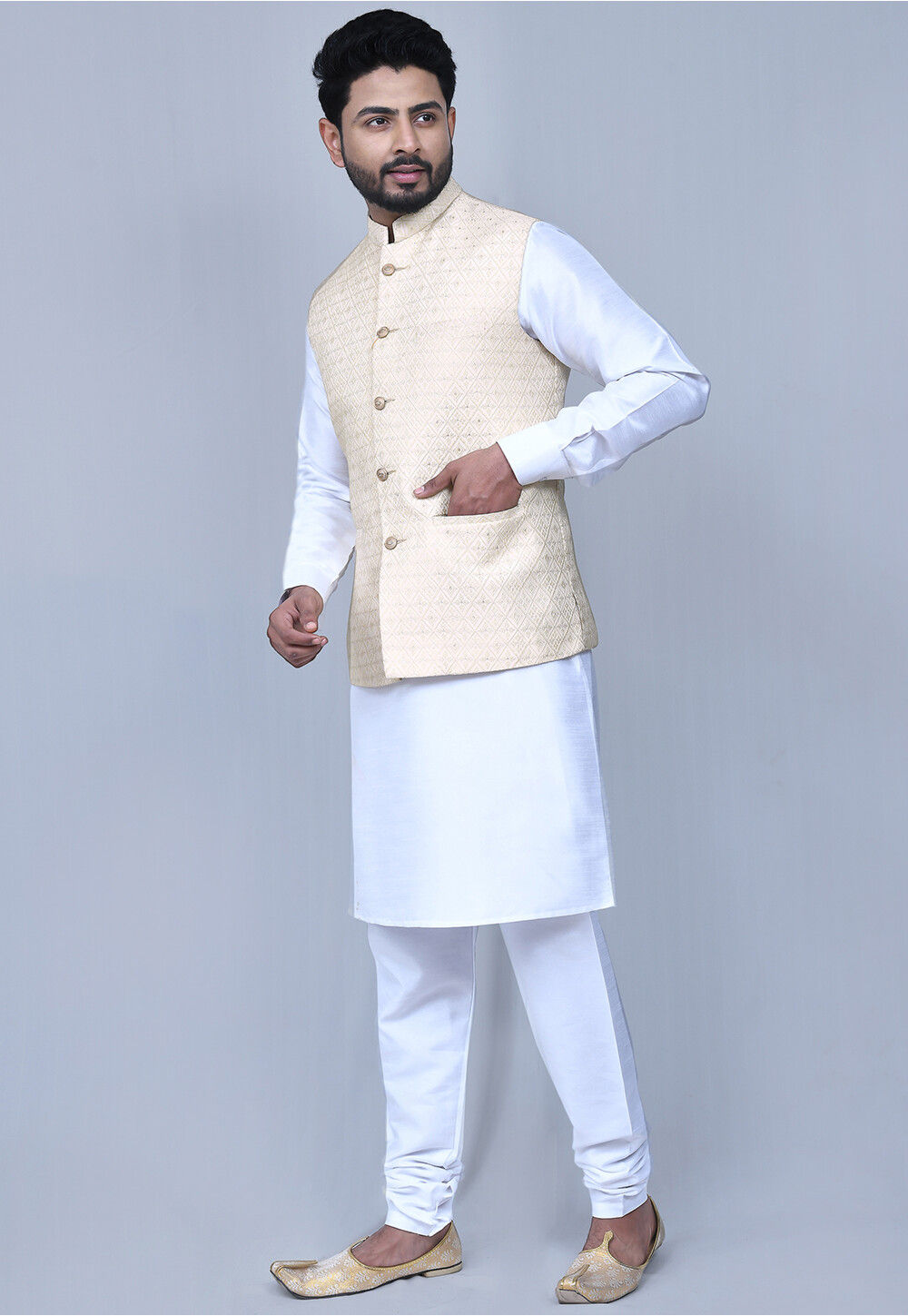 Off White Kurta Dhupion Silk Chudidaar main image 1