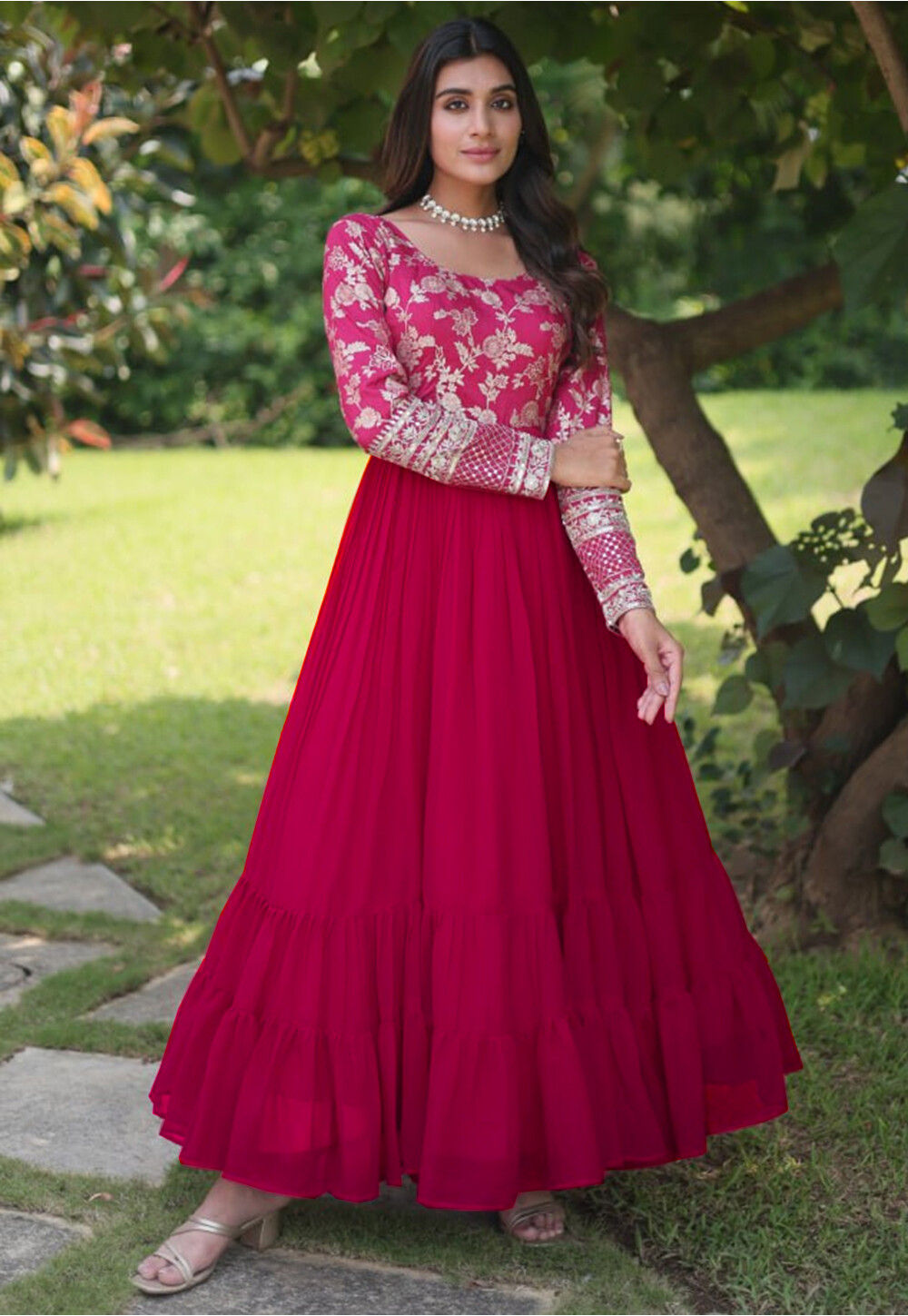 Buy Woven Georgette and Viscose Jacquard Tiered Gown in Fuchsia Online ...