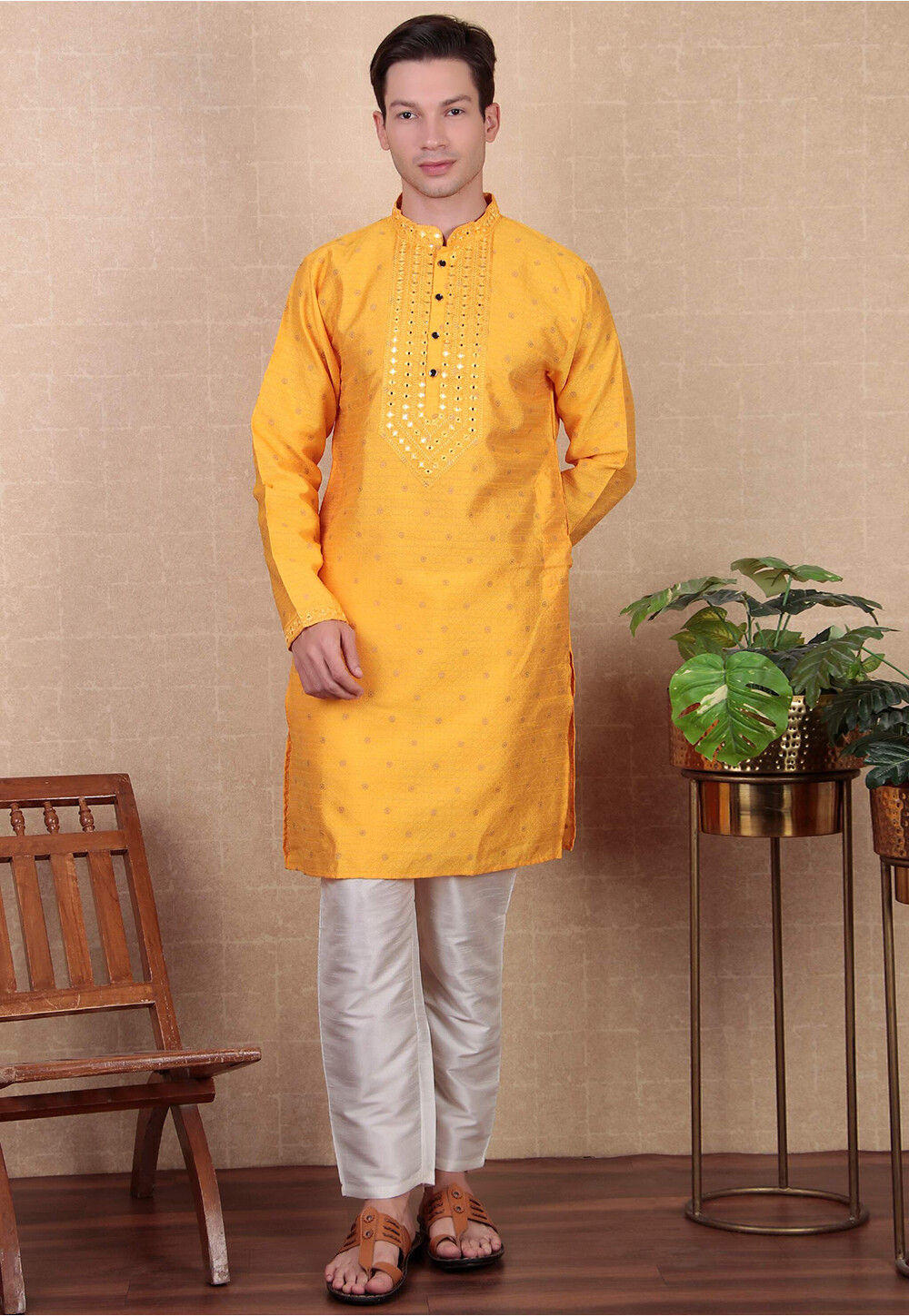 Men'S Yellow Woven Kurta Only