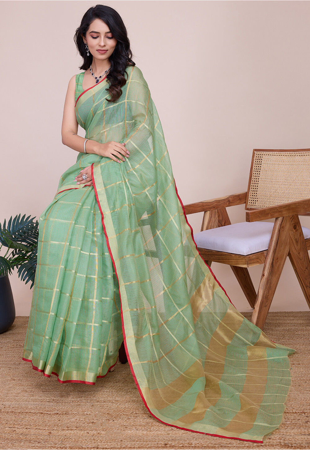 Light Green Kota Doria Chickenkari Embroidery Saree With Contrast Printed Blouse