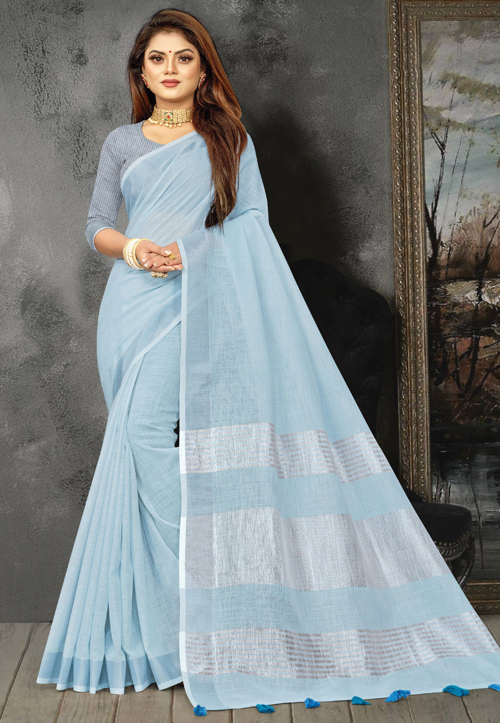 Aqua Green Linen Saree - Oorjaa Shopping | Blouses for women, Saree, Blouse  piece