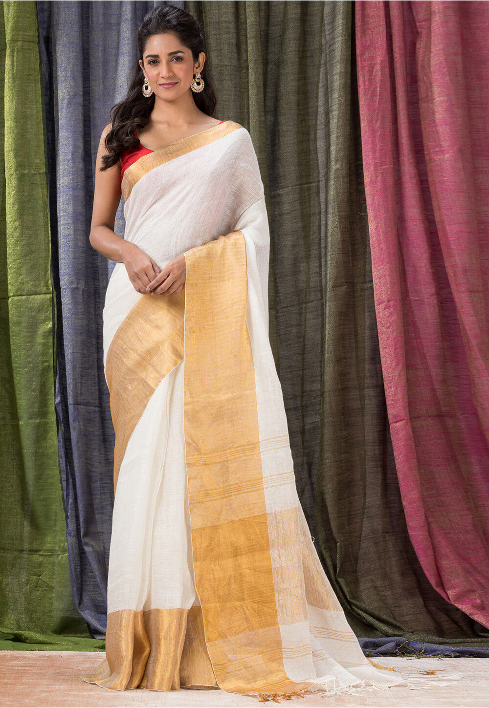 Buy Black Linen Saree With Silver Readymade Stitched Blouse