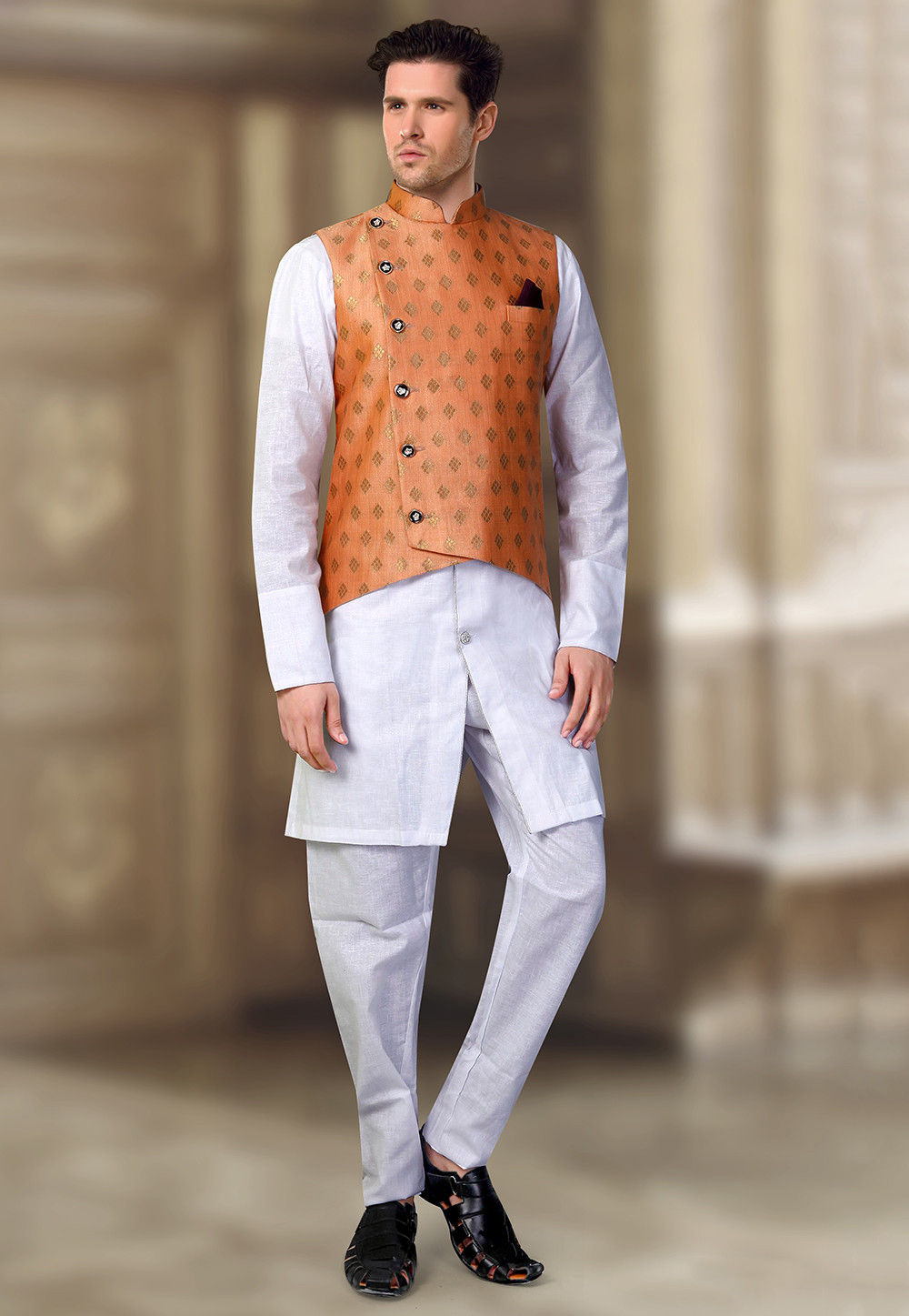 Woven Linen Silk Kurta Jacket Set in Off White and Dusty : MHG1221
