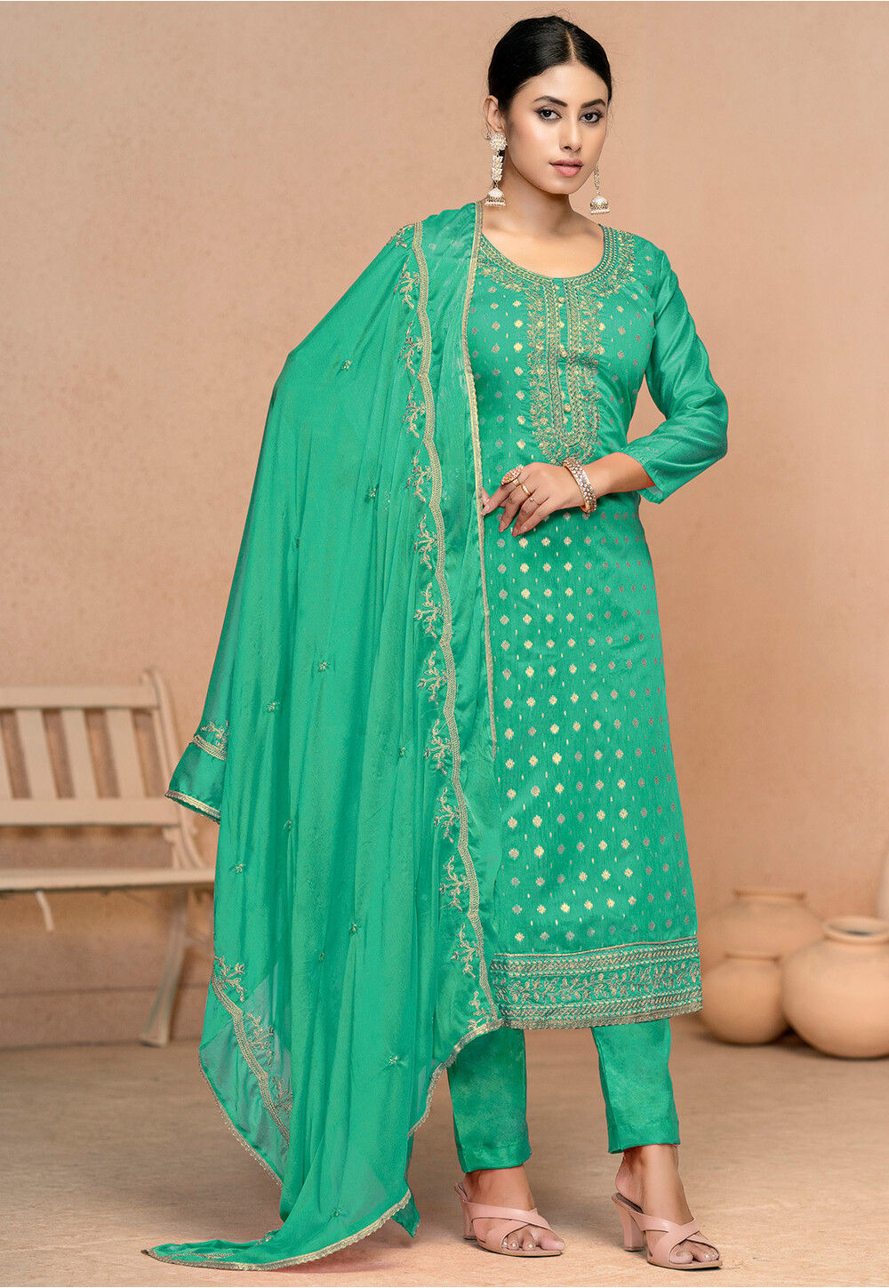 Graceful Green Pakistani Cotton Suit