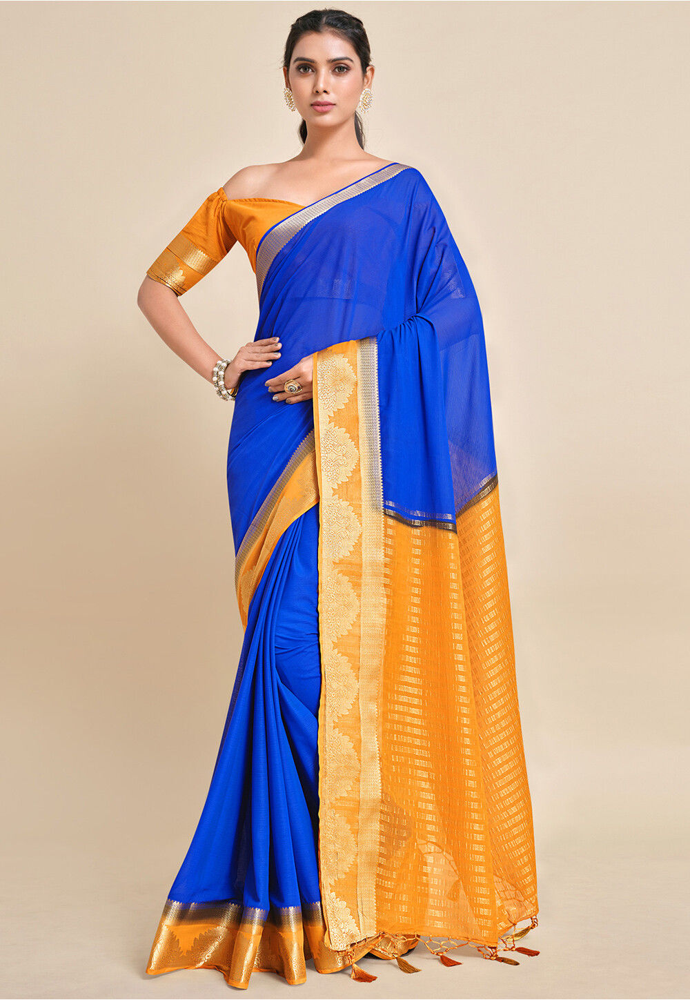 Embroidered Mysore Chiffon Saree in Navy Blue : SNGA3854