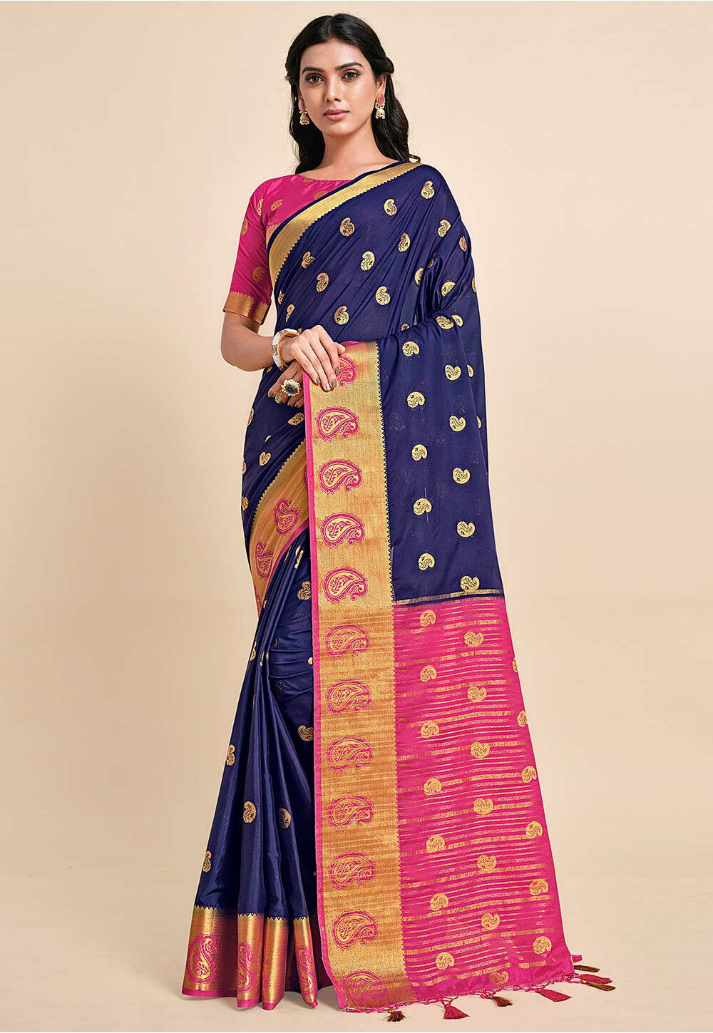 Woven Mysore Silk Saree in Navy Blue