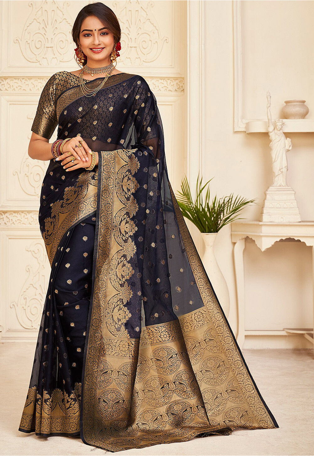 Navy Blue Organza Saree | Seematti