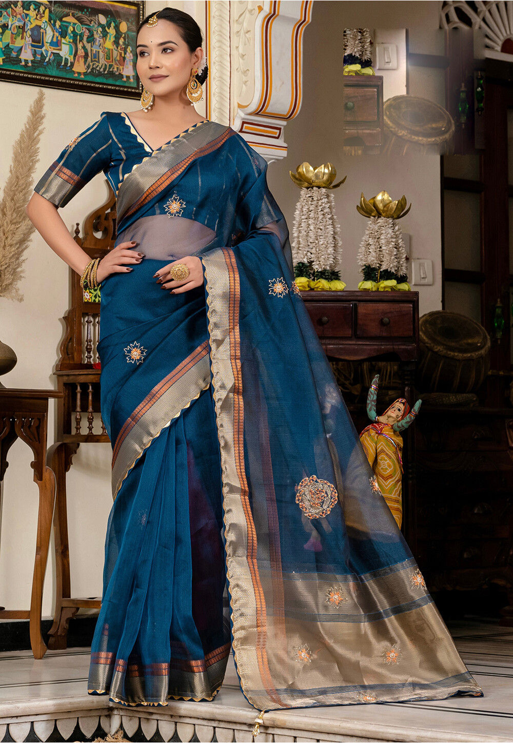 Women's Organza Teal green Woven Design Celebrity Saree With Blouse Piece