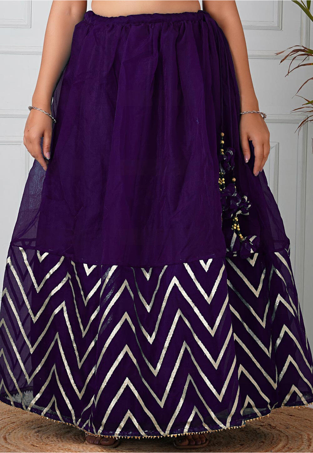 EXP - Green Organza Layered Crop Top and Purple Dupion Skirt