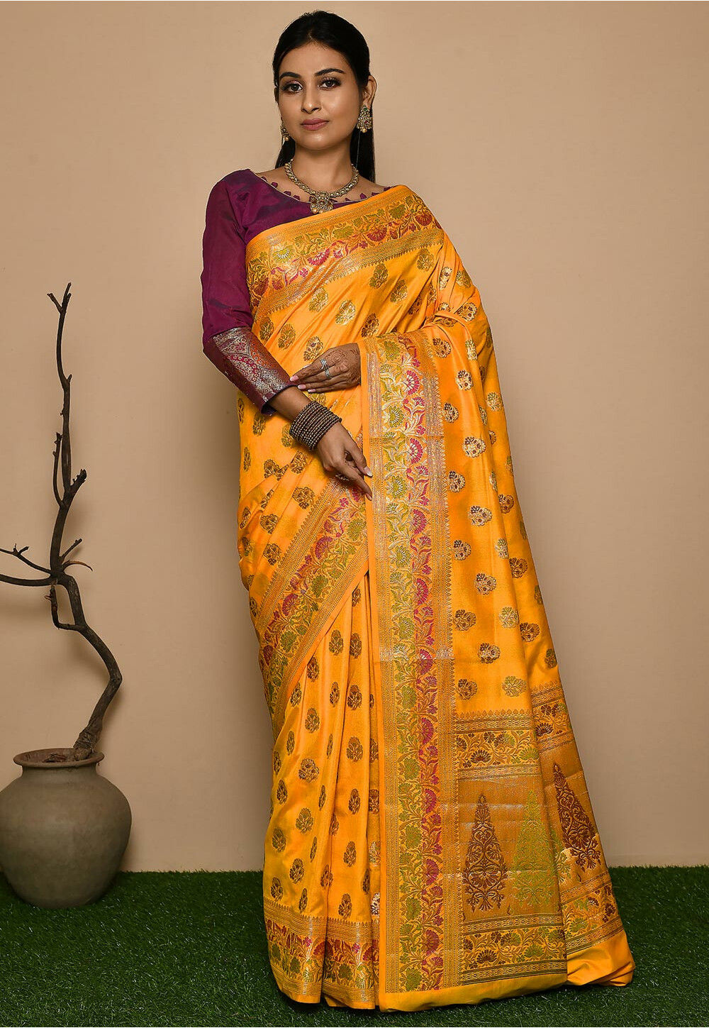 Woven Pure Banarasi Silk Saree in Yellow SNEA2363
