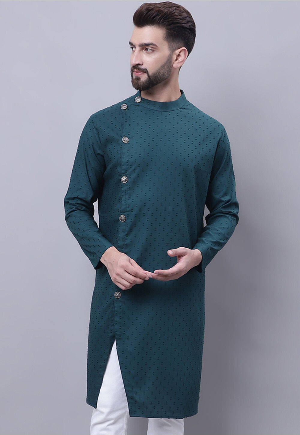 Aqua Blue Cotton Dobby A-Line Kurta