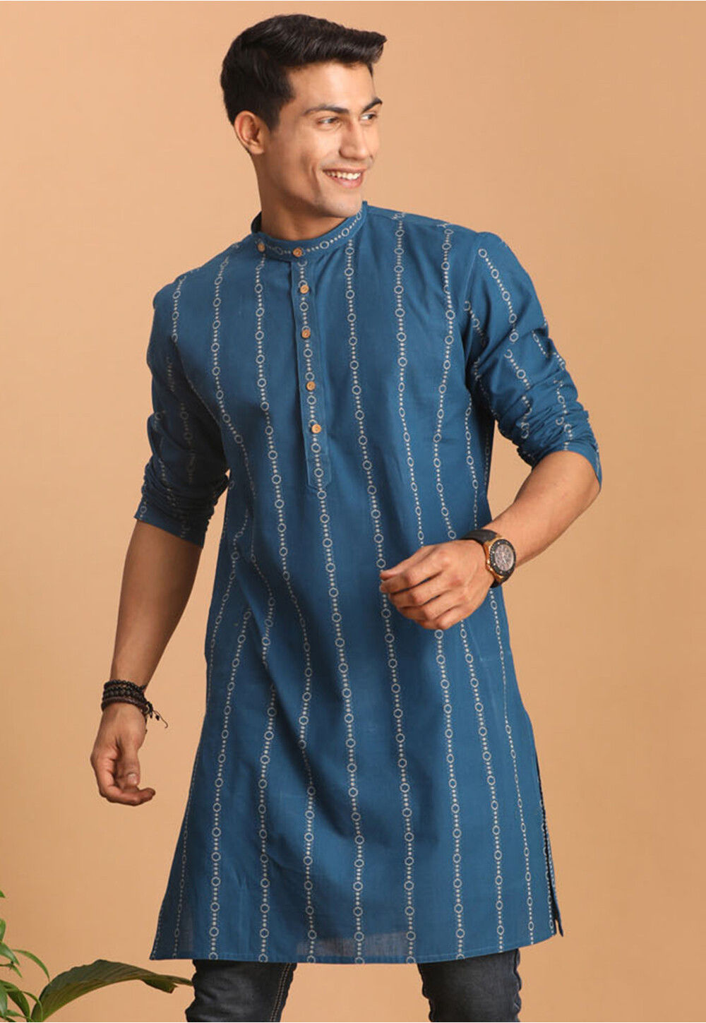 Woven Pure Cotton Jacquard Kurta in Blue MTR3563
