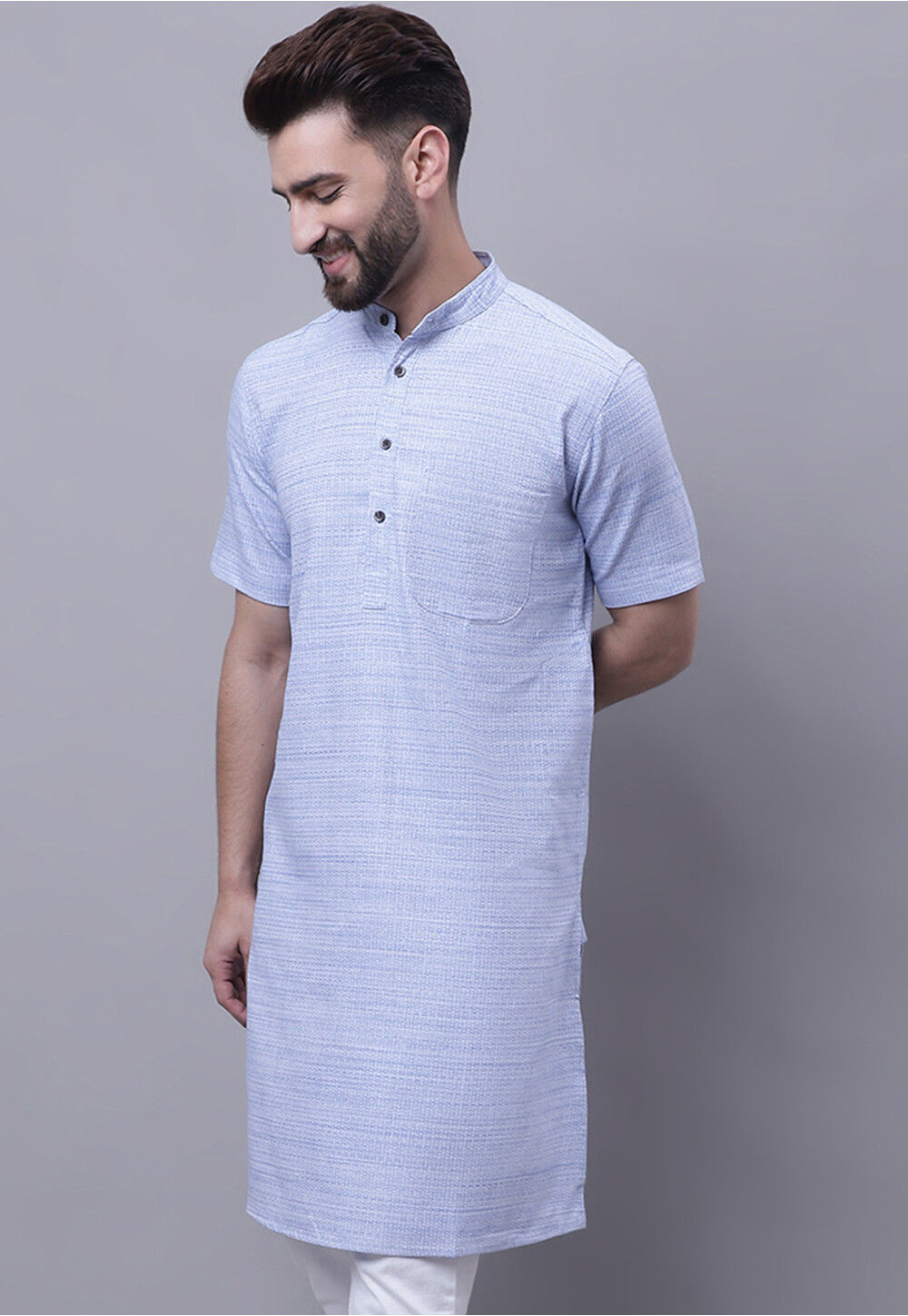 Buy Woven Pure Cotton Jacquard Kurta in Light Blue Online MAN60