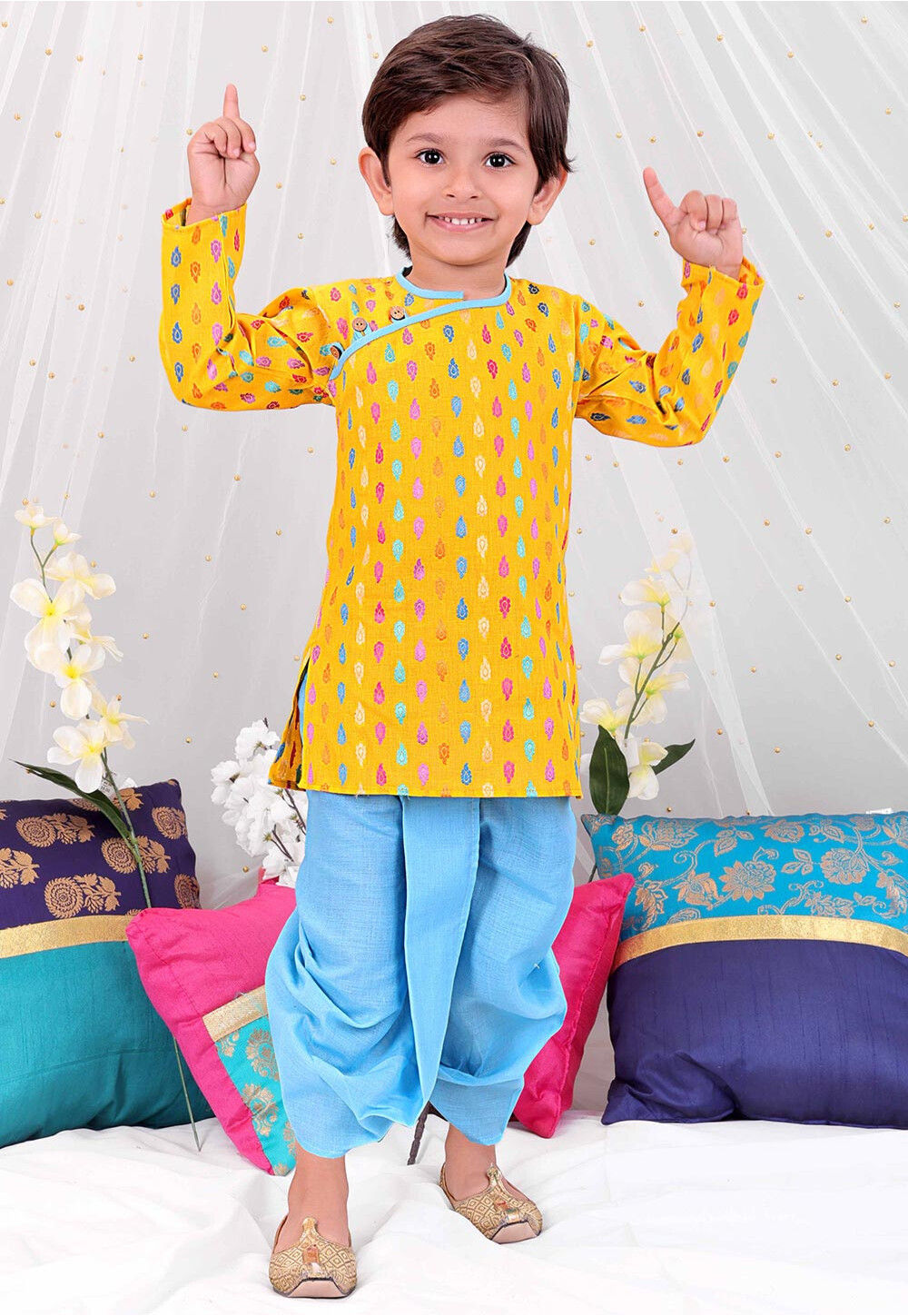 Buy Woven Pure Cotton Jacquard Kurta Set in Yellow Online : UHT193 ...