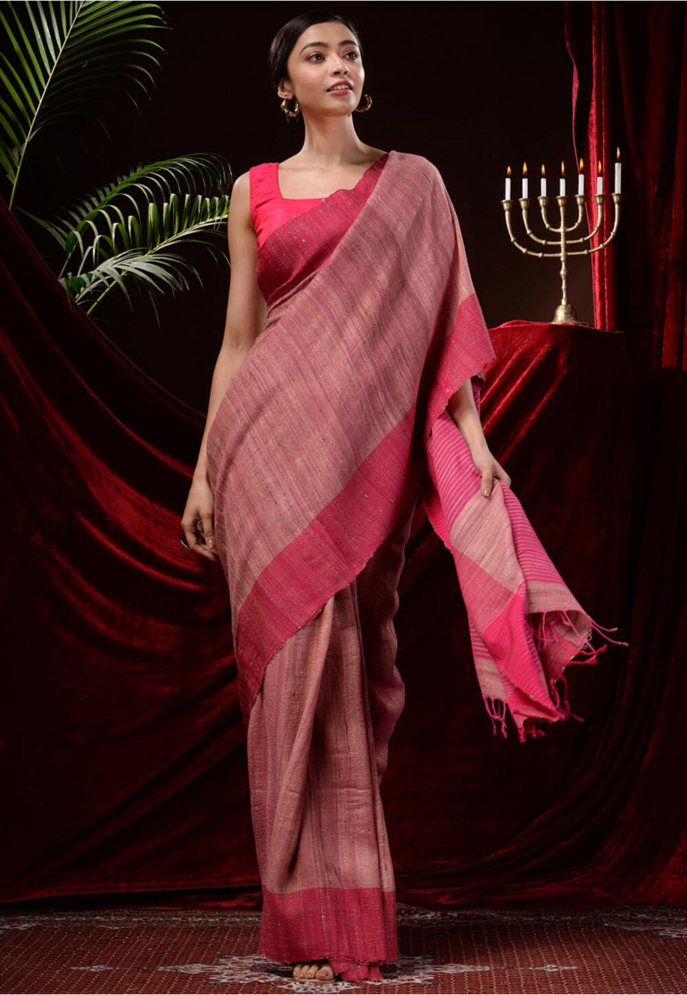 woven pure cotton saree in old rose v1 spn6680