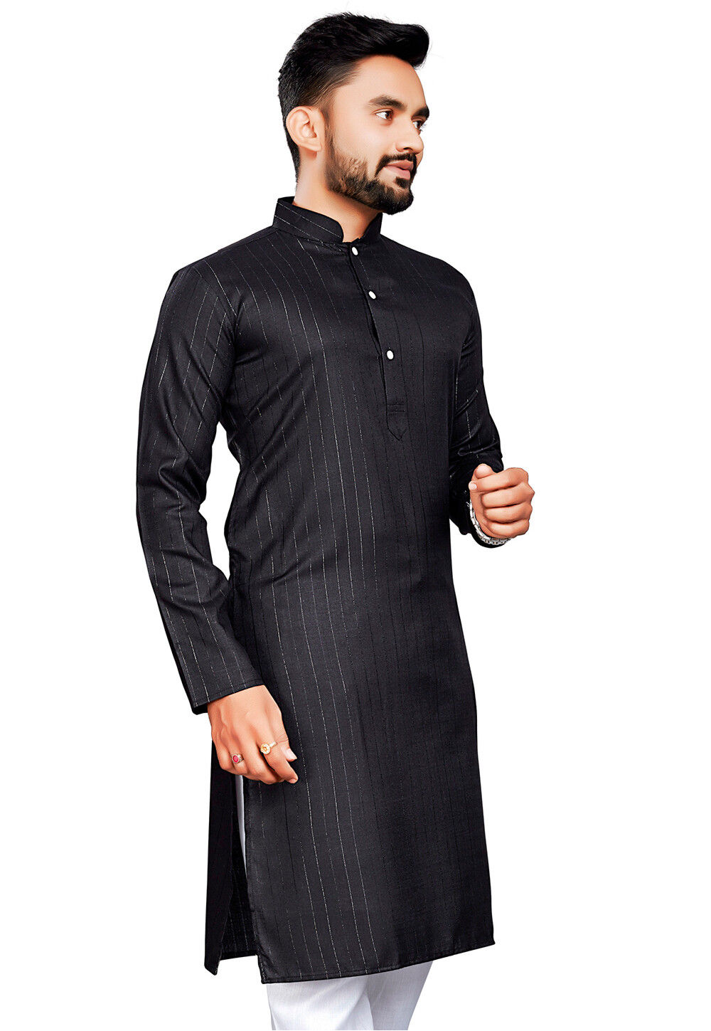 Black - Slub Cotton Straight Plain Kurta with Hand Embroidery 10