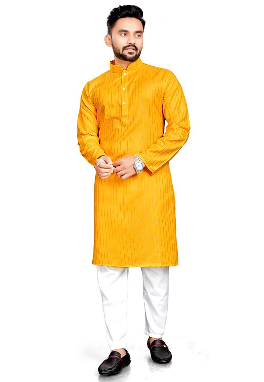 Red 3/4 Sleeve Cotton Slub Kurta