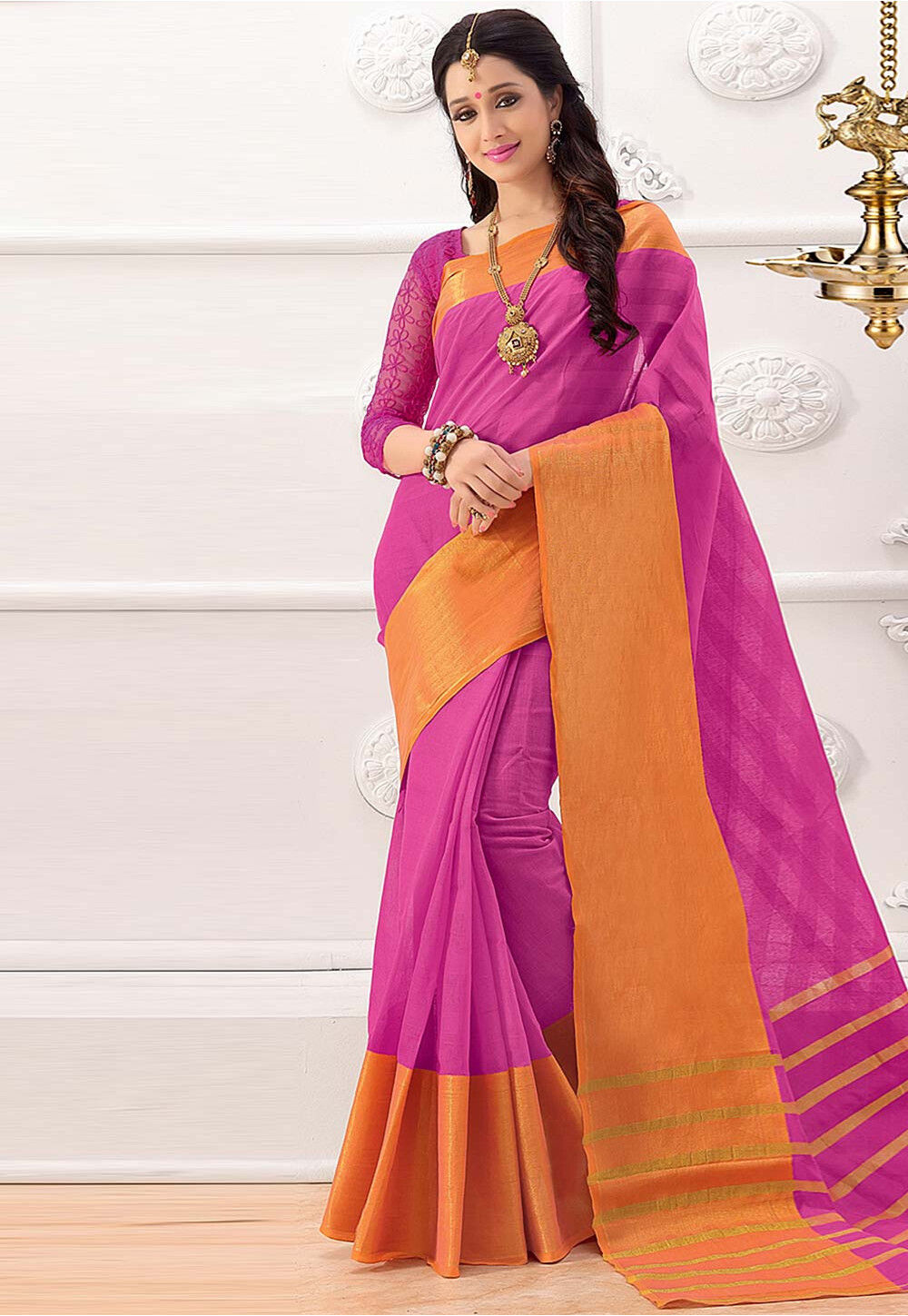 Buy Suta Pink Woven Design Pure Cotton Saree online