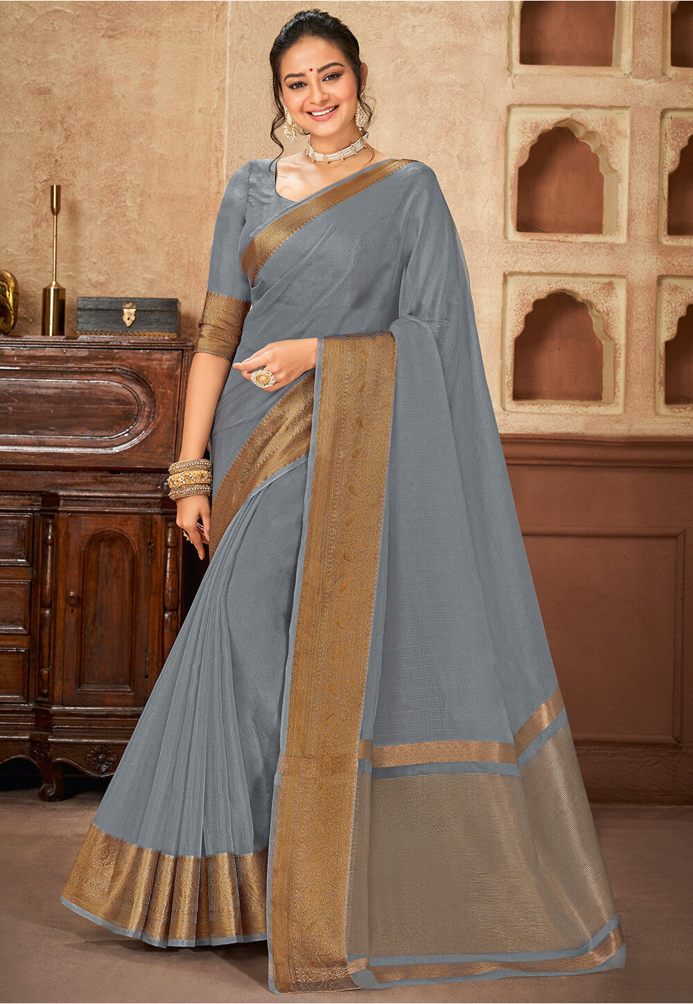 Grey Woven Design Silk Saree