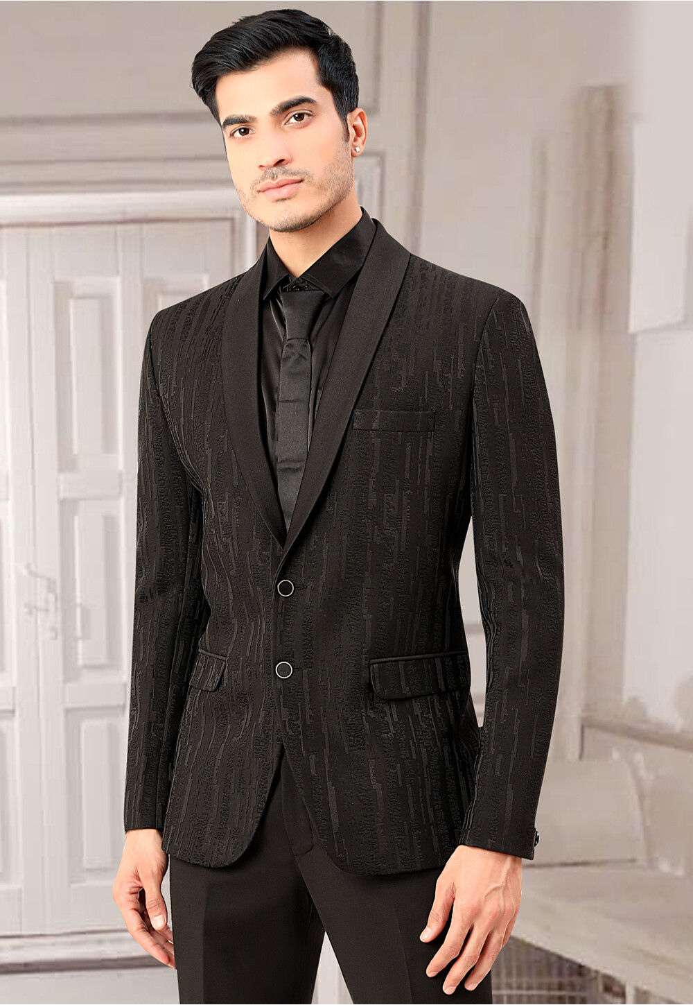 Woven Terry Rayon Jacquard Blazer in Black