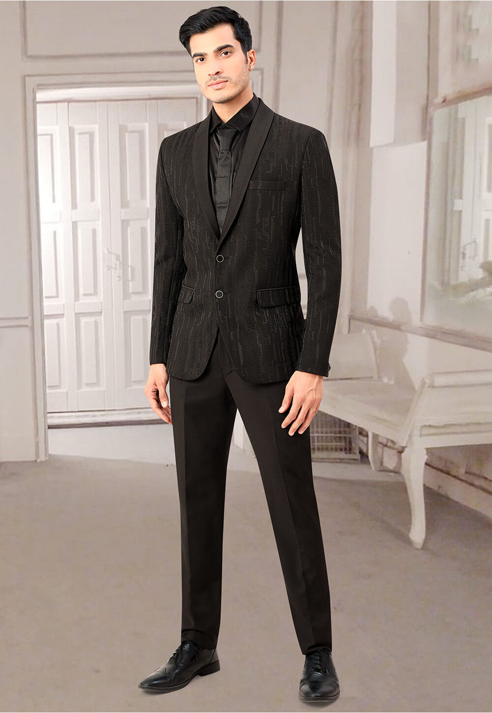 Woven Terry Rayon Jacquard Blazer in Black MHG2175
