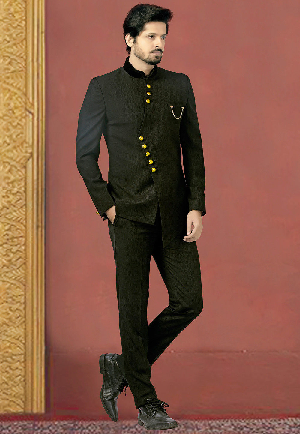 woven terry rayon jodhpuri suit in black v1 mhg1006