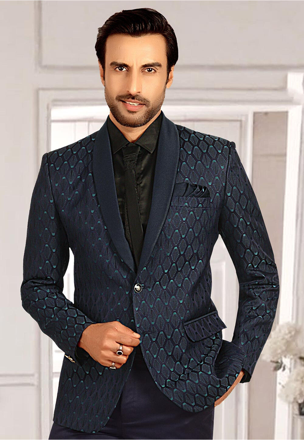 Buy Woven Terry Rayon Jacquard Tuxedo in Teal Blue Online : MHG2533 ...