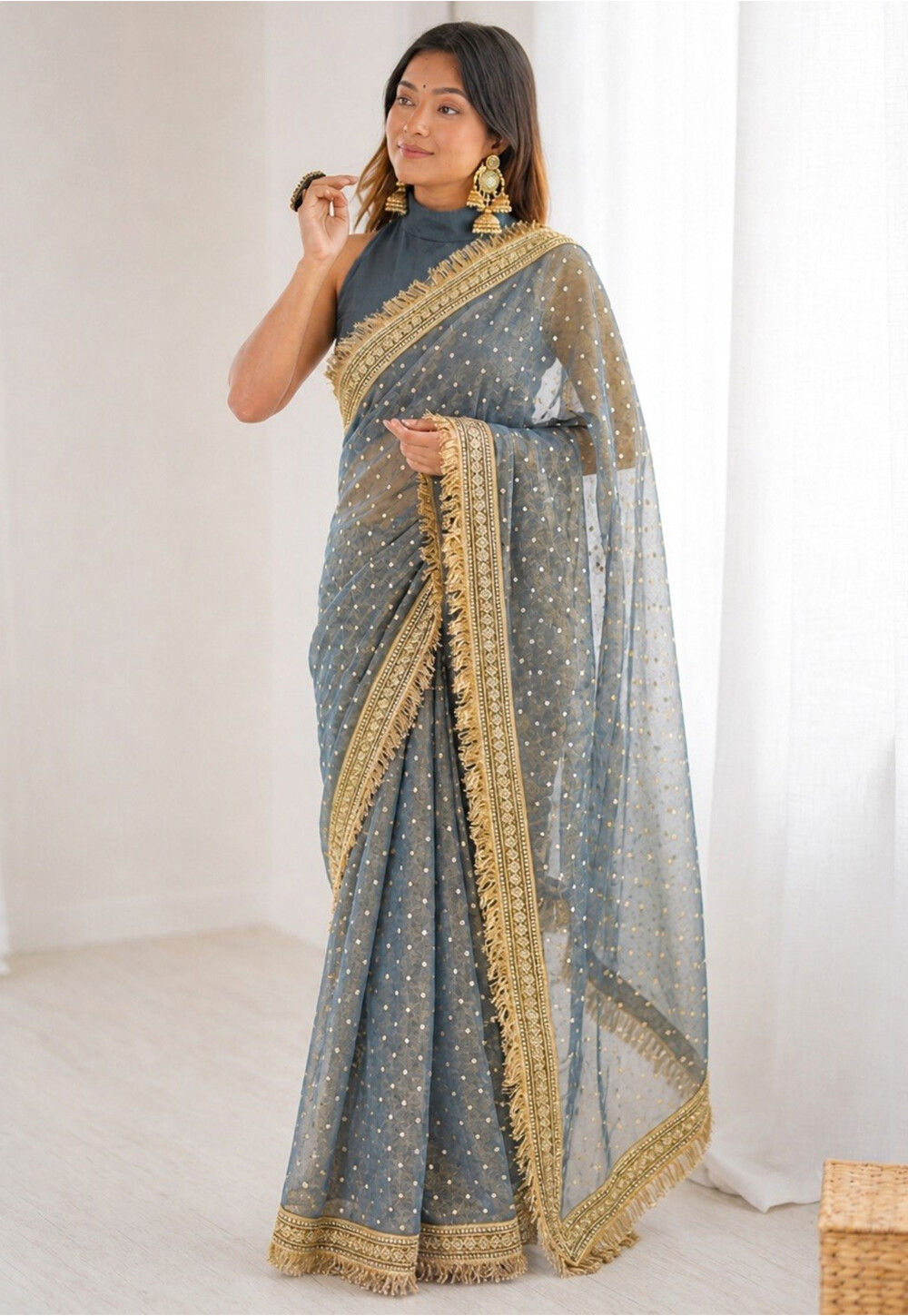 Buy Woven Tissue Jacquard Saree in Grey Online : SPTA16852 - Utsav Fashion