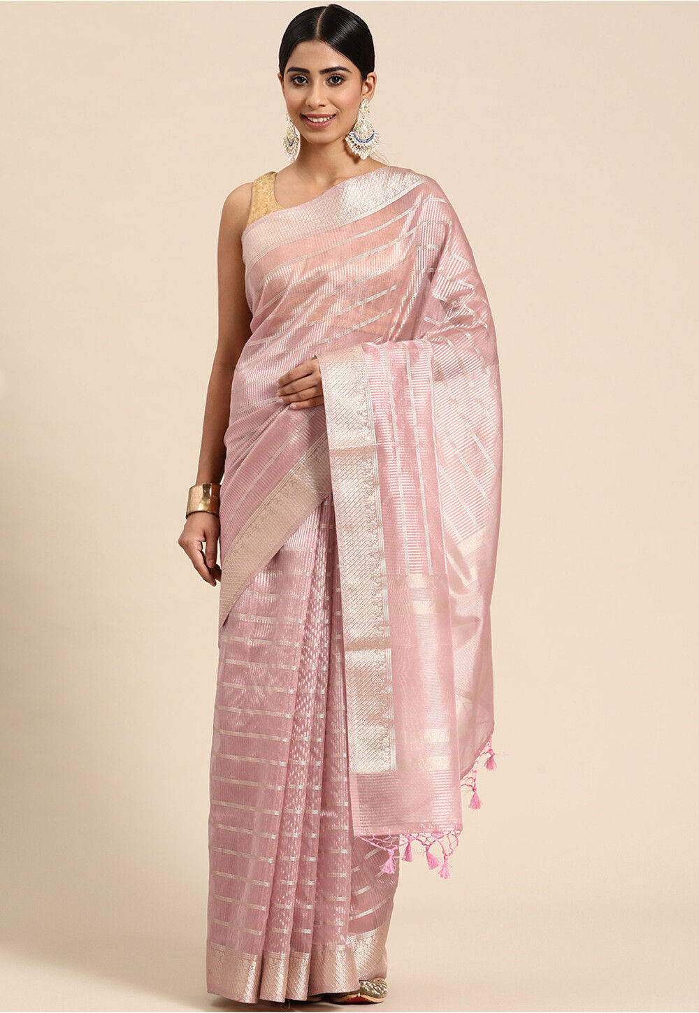 Women's Tissue Pink Woven Design Woven saree With Blouse Piece