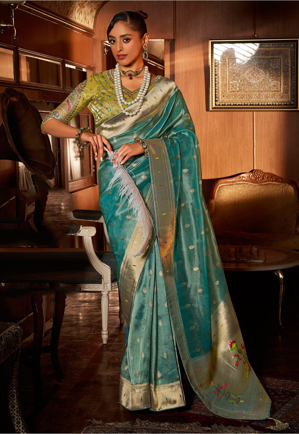 Sea Green Block Print Tissue Saree with Weaving & Mirror Embellishment
