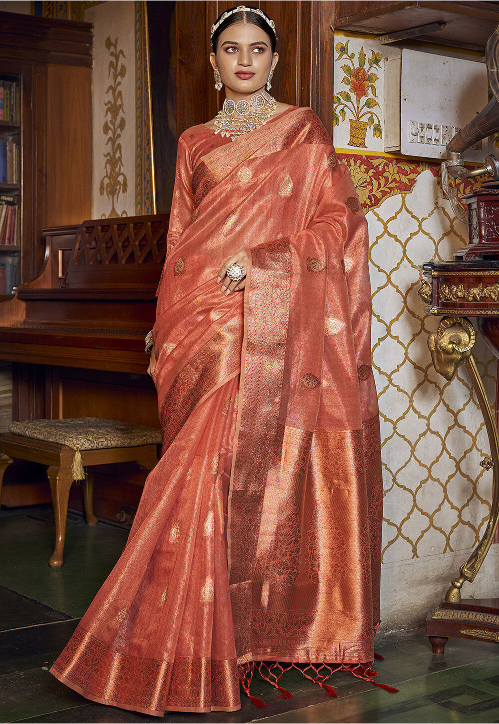 Buy Tissue silk gold metallic saree for Women Online @ Tata CLiQ Luxury