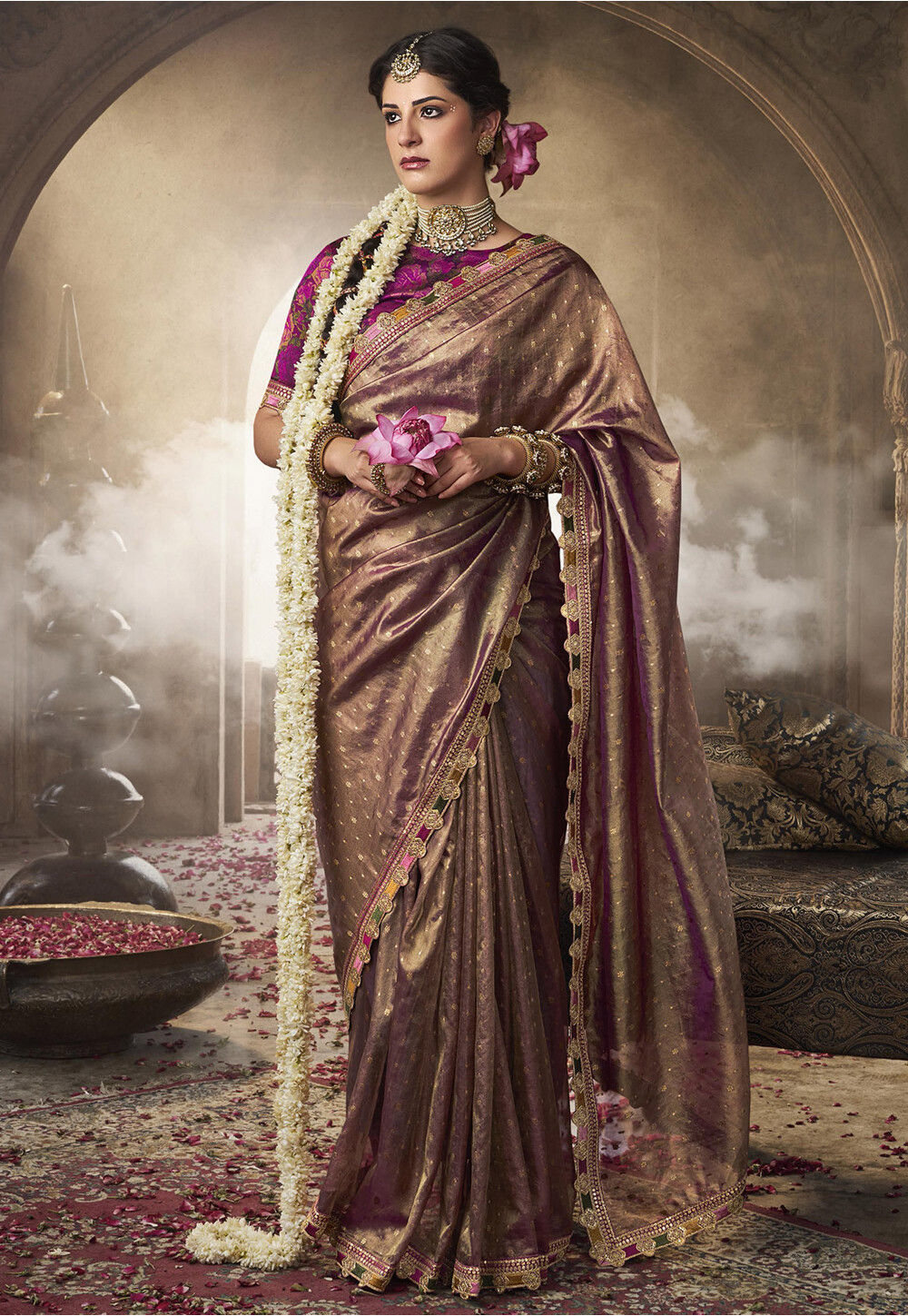 Plain Rose Gold Tissue Silk Readymade/Easy Saree
