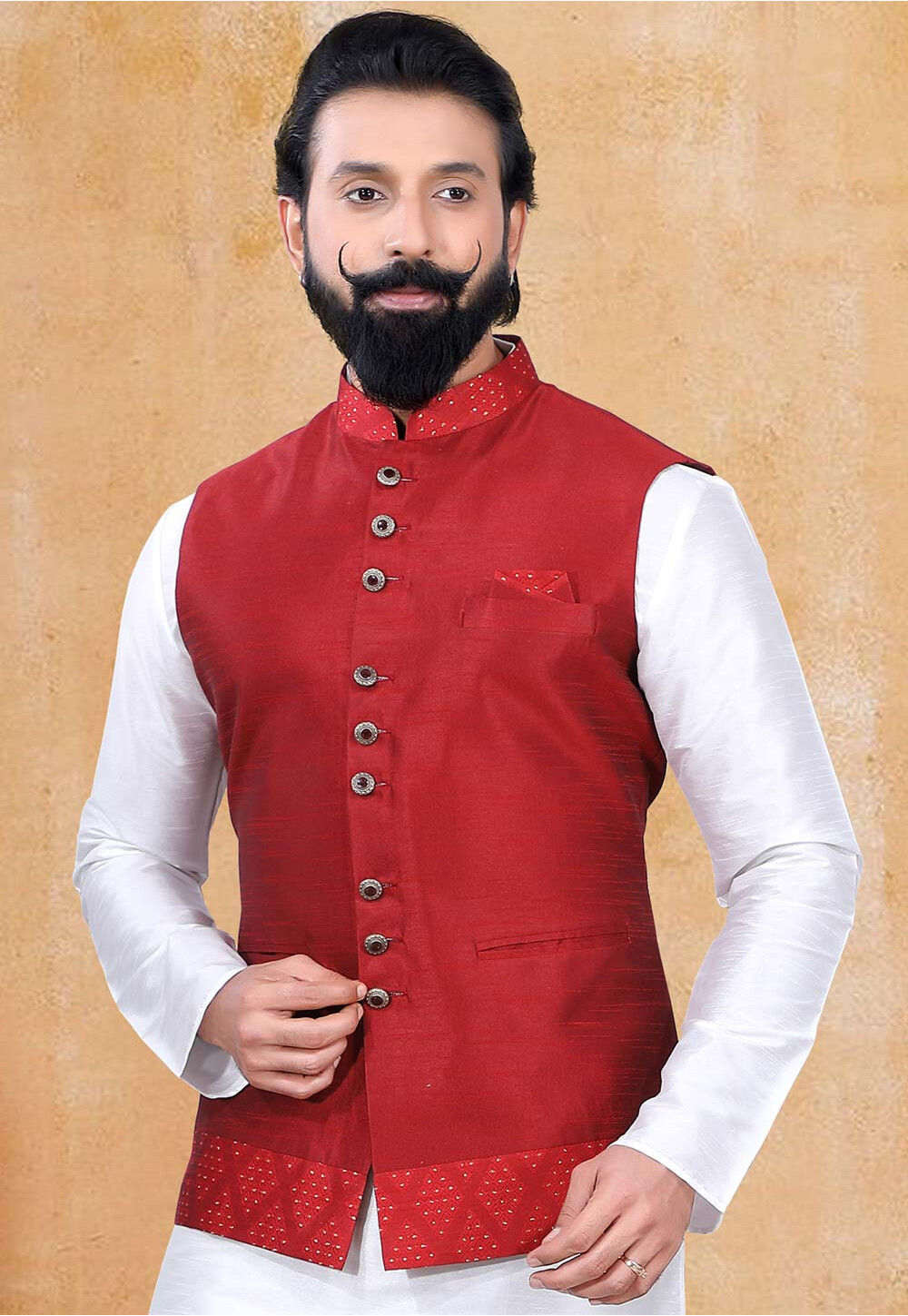 Men's Silk Blend Gold Kurta Pyjama & Magenta Nehru jacket Combo - Sojanya |  Kurta designs, Collar styles, Nehru jackets