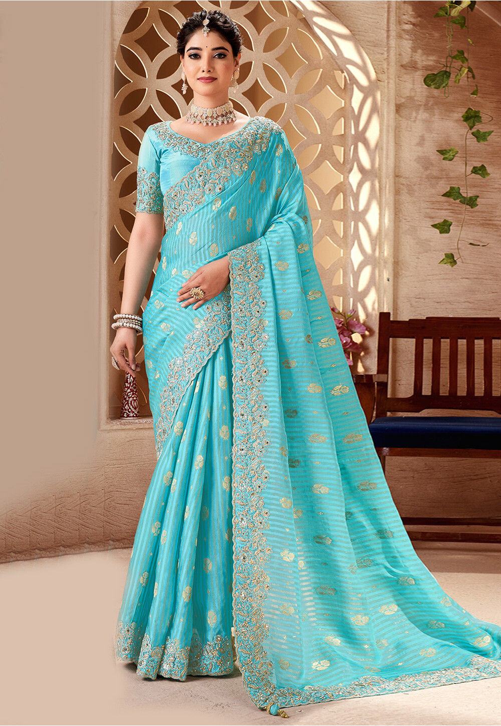 Blue Printed Viscose Silk Saree main image 1