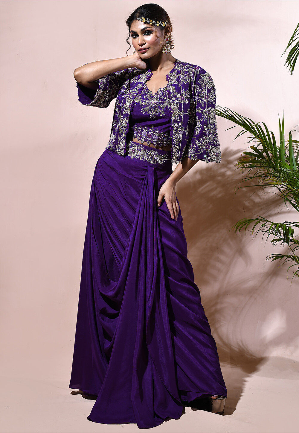 Buy Zardosi Pure Silk Crop Top with Draped Skirt in Violet Online TFR401 Utsav Fashion