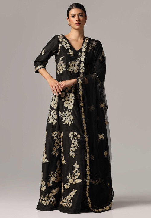 Aari Embroidered Raw Silk Abaya Style Suit in Black