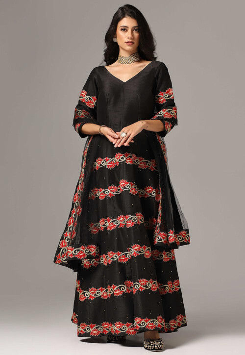 Aari Embroidered Raw Silk Abaya Style Suit in Black