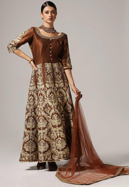Aari Embroidered Raw Silk Abaya Style Suit in Brown