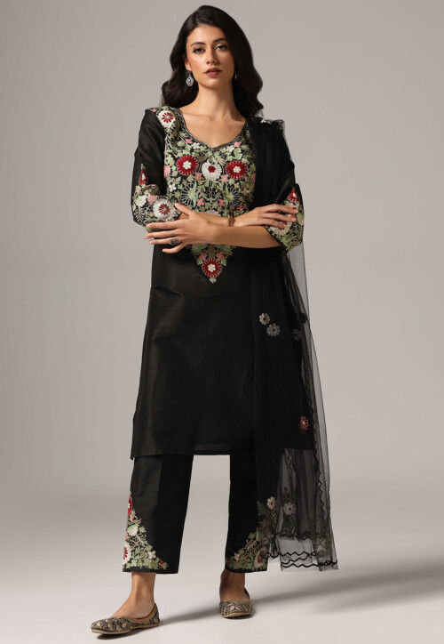 Aari Embroidered Raw Silk Pakistani Suit in Black